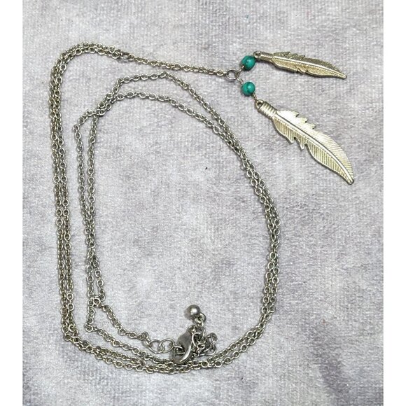 Bohemian Hippie Feather Charm Necklace Silver Tone With Faux Turquoise Accents - Picture 6 of 6
